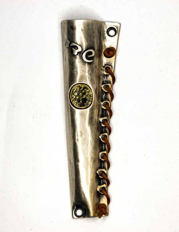 Silver Pewter Mezuzah with Leather Lace Detail